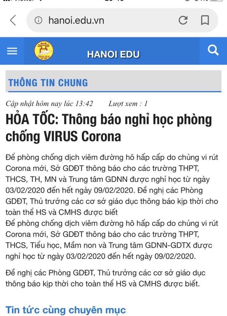 Trường TH Hoàng Diệu thông báo nghỉ học phòng chống dịch viêm đường hô hấp cấp do virut  corona mới