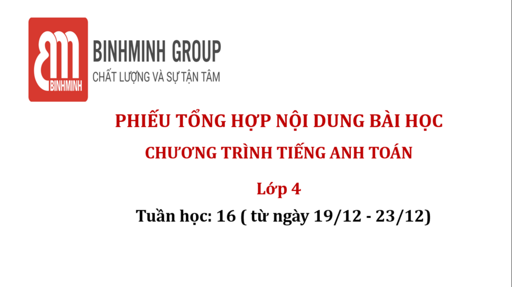 Phiếu tổng hợp nội dung chương trình Tiếng Anh - Toán Lớp 4 - Tuần 16