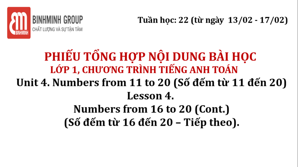 Nội dung chương trình Tiếng Anh - Toán tuần 22 Lớp 1