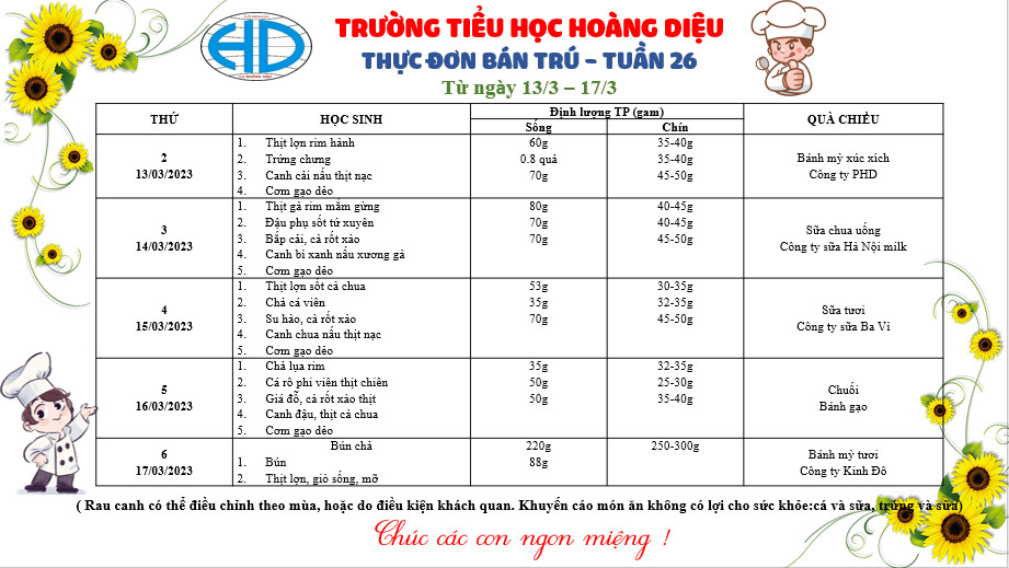 Thông báo thực đơn bán trú - Tuần 26