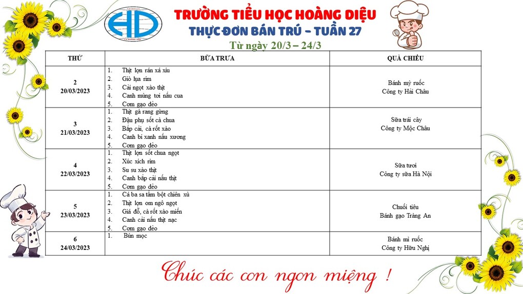 Thông báo thực đơn bán trú - Tuần 27