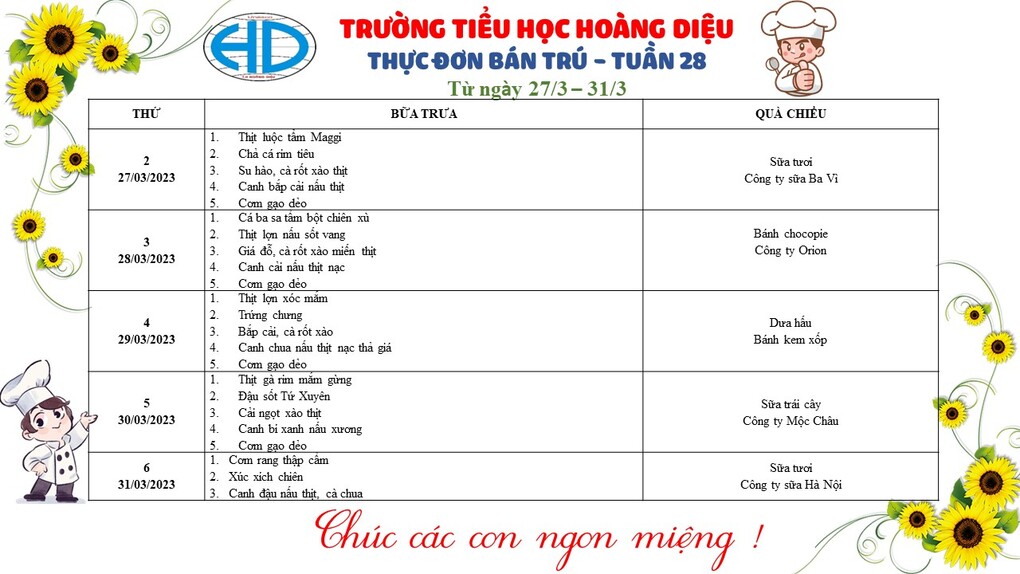 Thông báo thực đơn bán trú - Tuần 28