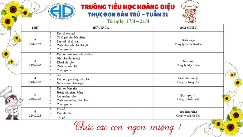 Thông báo thực đơn bán trú - Tuần 31