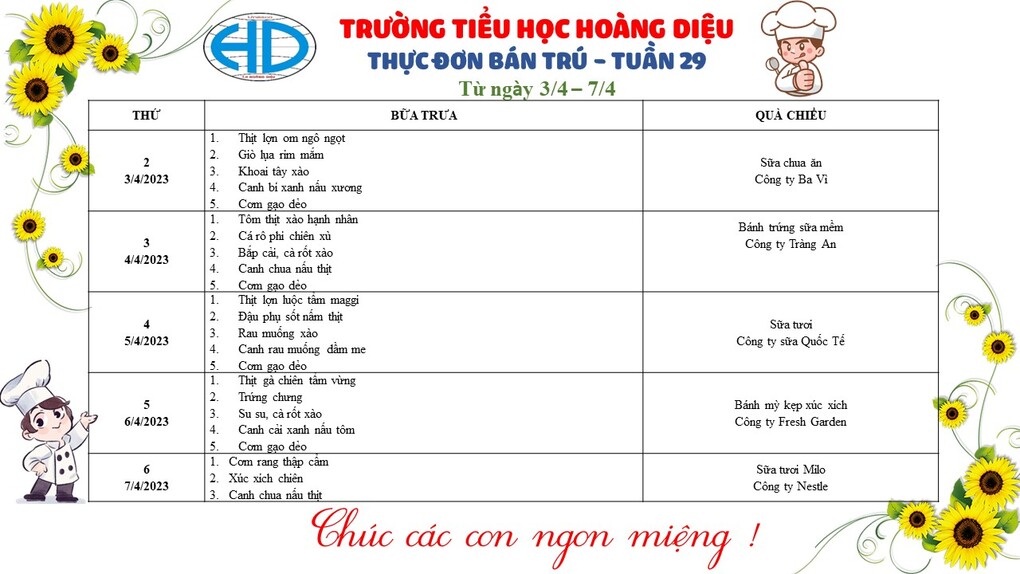 Thông báo thực đơn bán trú - Tuần 29