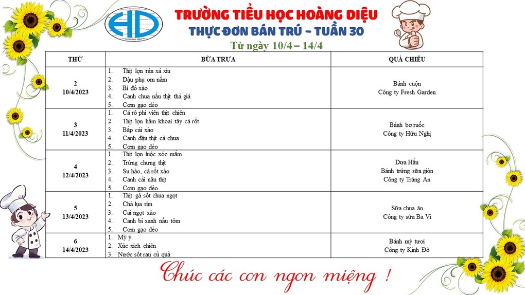Thông báo thực đơn bán trú - Tuần 30