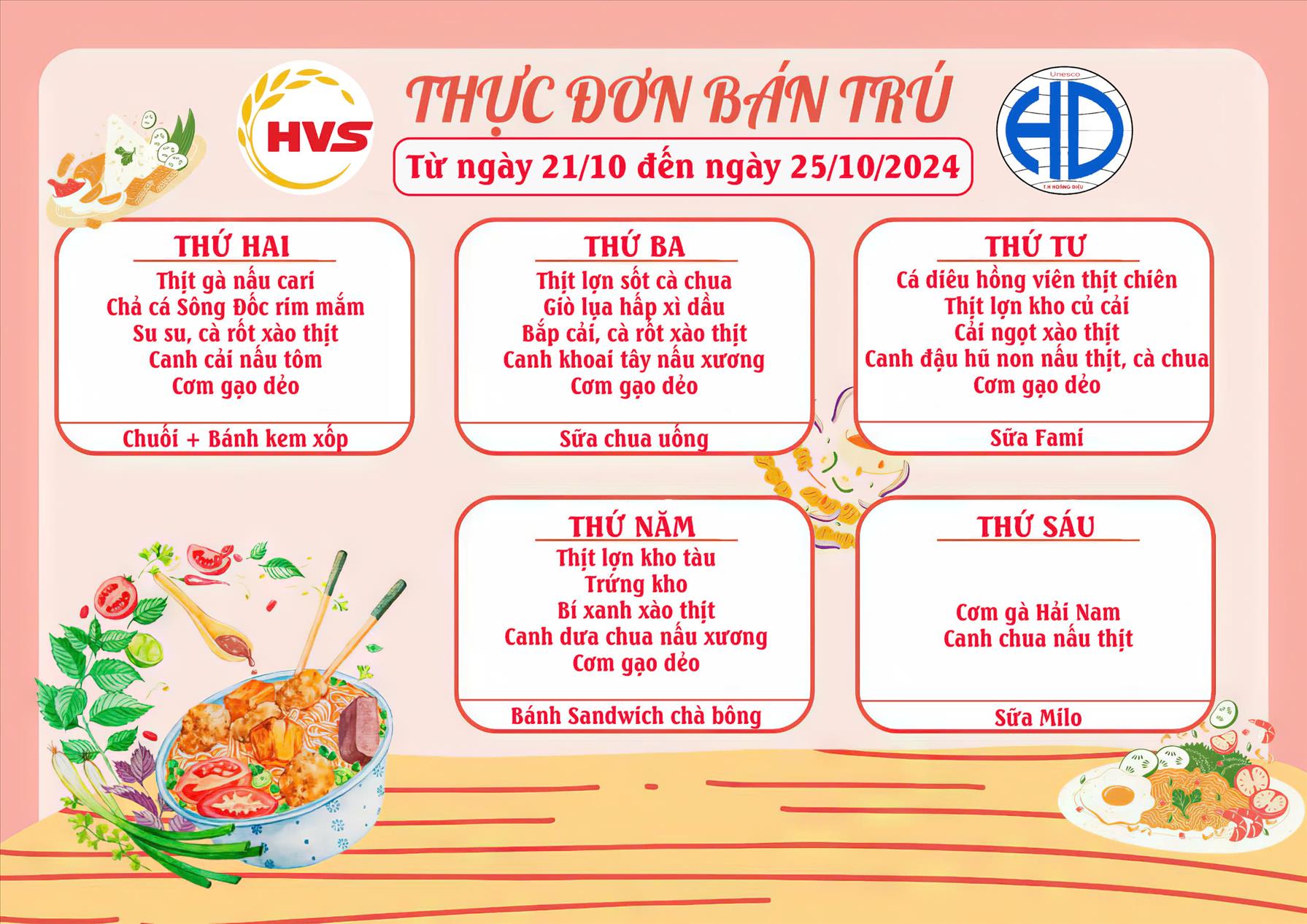 Thực đơn bán trú tuần 4 tháng 10