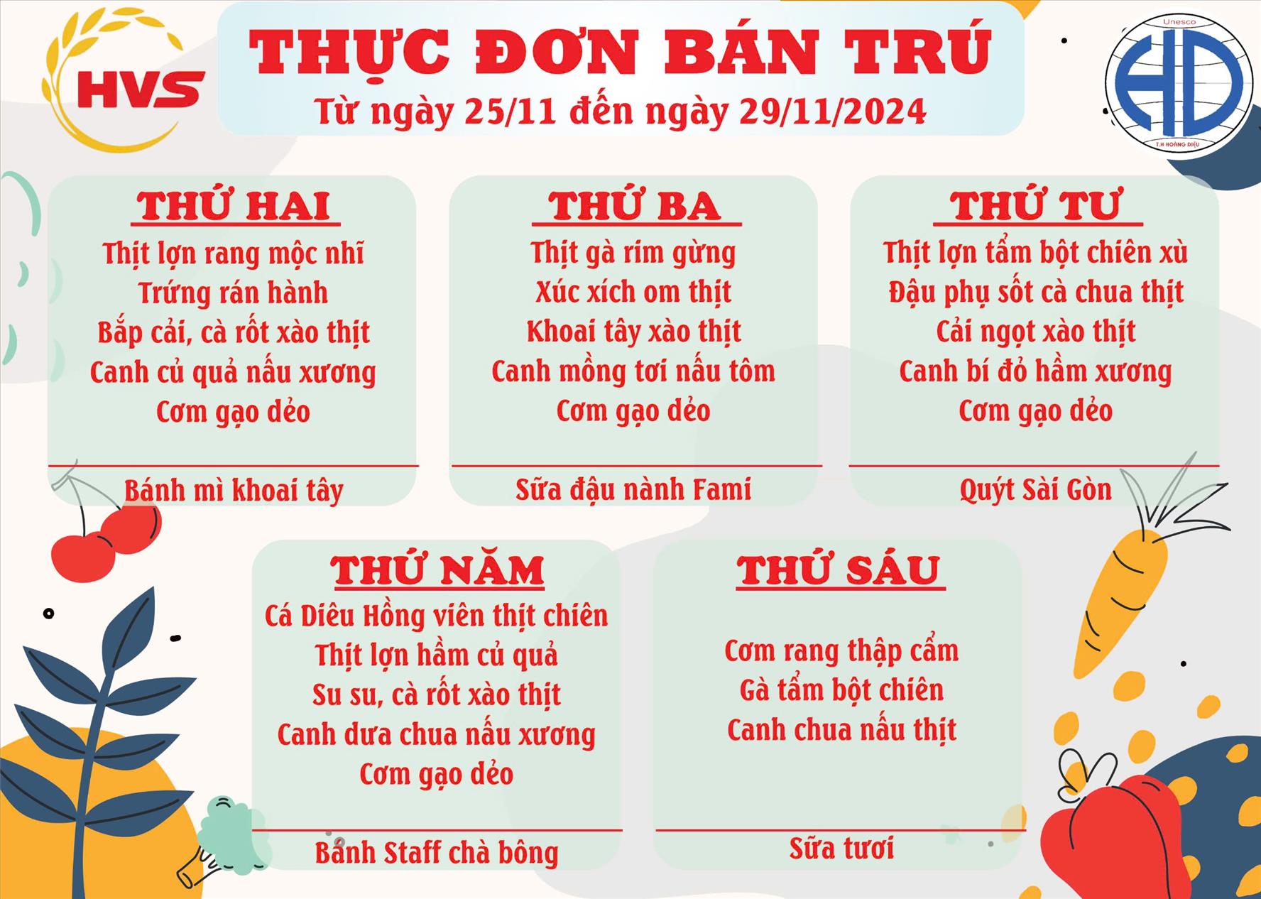 Thực đơn bán trú tuần 4 tháng 11