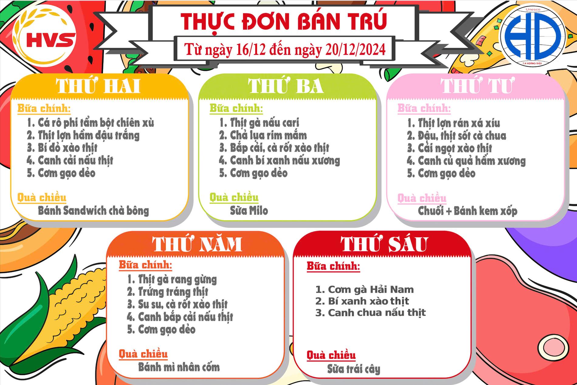 Thực đơn bán trú tuần 3 tháng 12