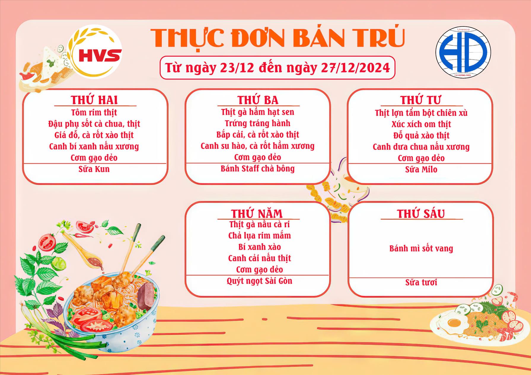 Thực đơn bán trú tuần 4 tháng 12 năm 2024