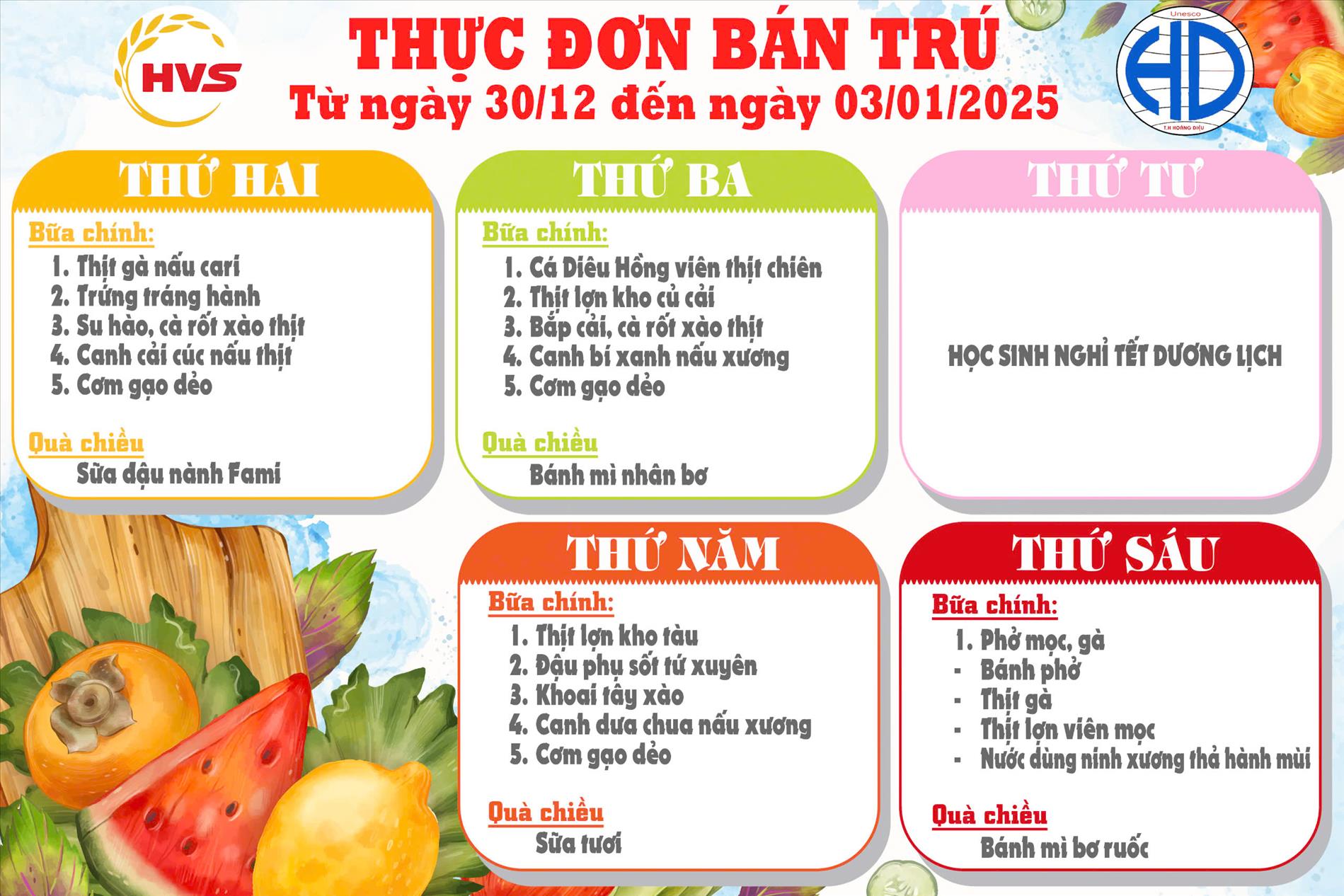 Thực đơn bán trú tuần từ 30 tháng 12 đến 03/01/2025