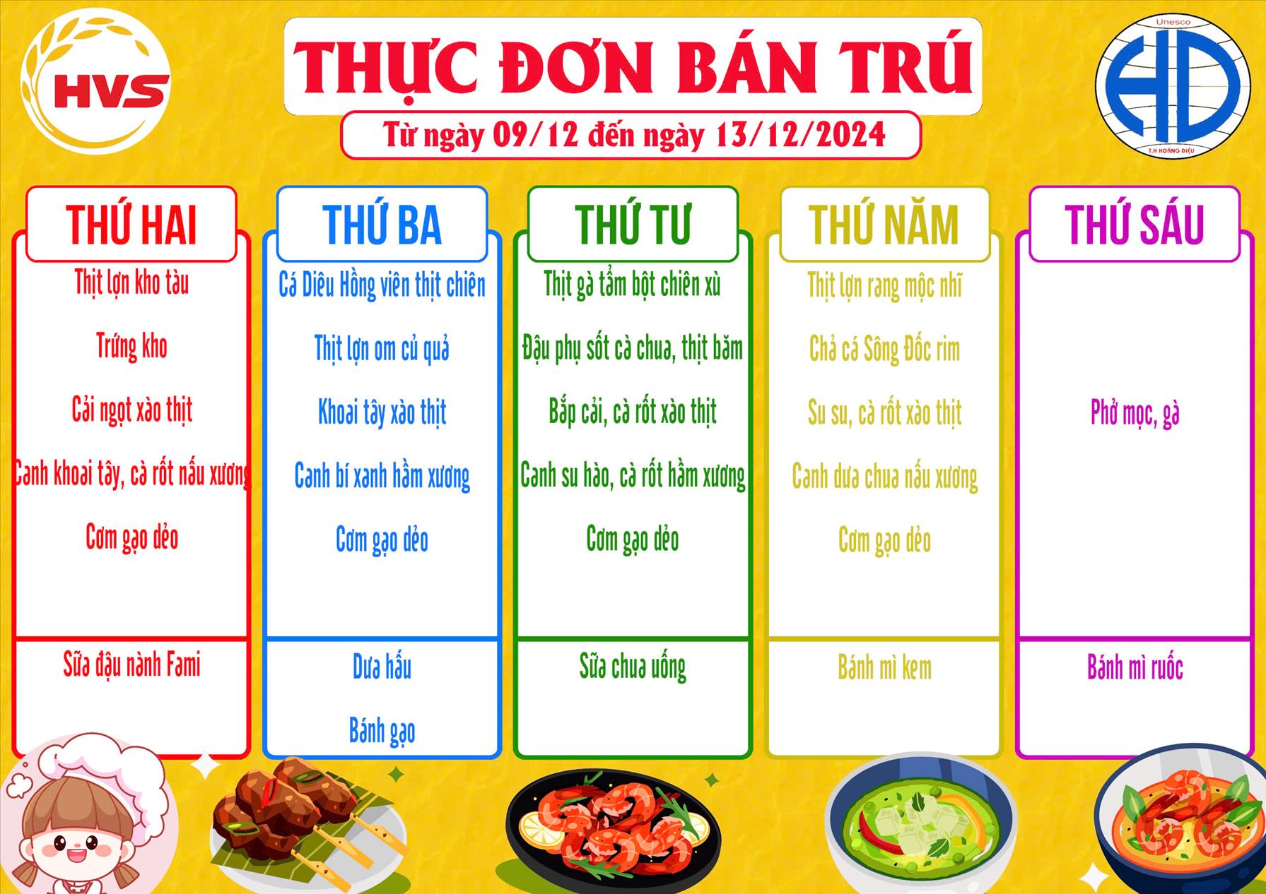 Thực đơn bán trú tuần 2 tháng 12