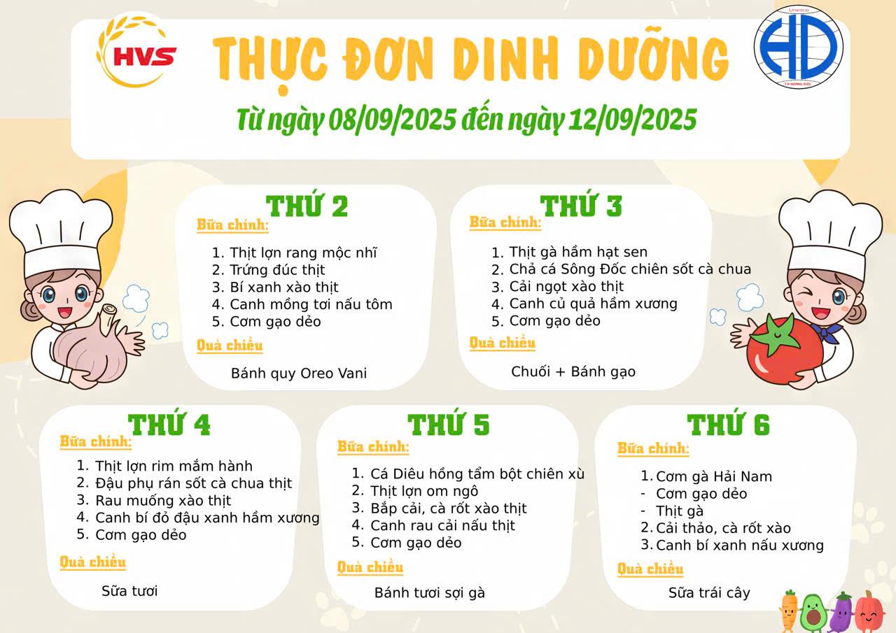 Thực đơn bán trú từ 8/9 đến 12/9/2025