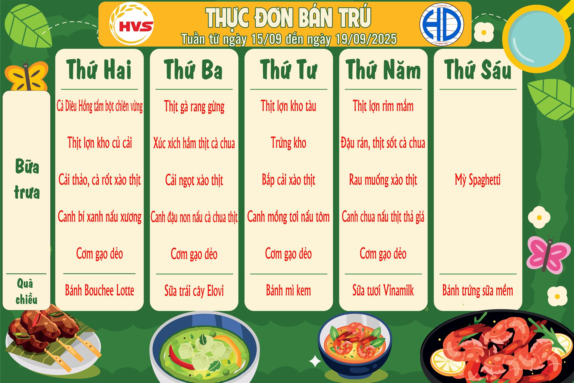 Thực đơn bán trú từ 15/9 đến 19/9/2025