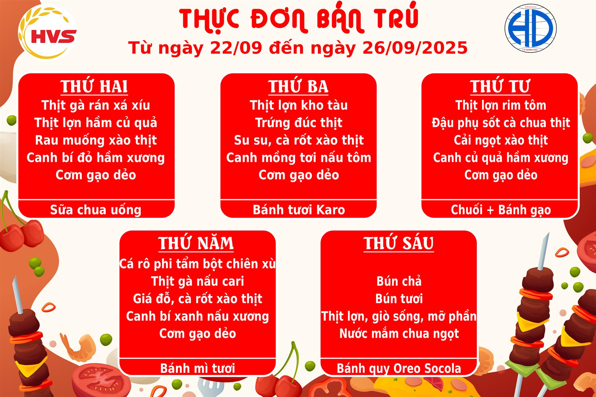 Thực đơn bán trú từ 22/9 đến 26/9/2025