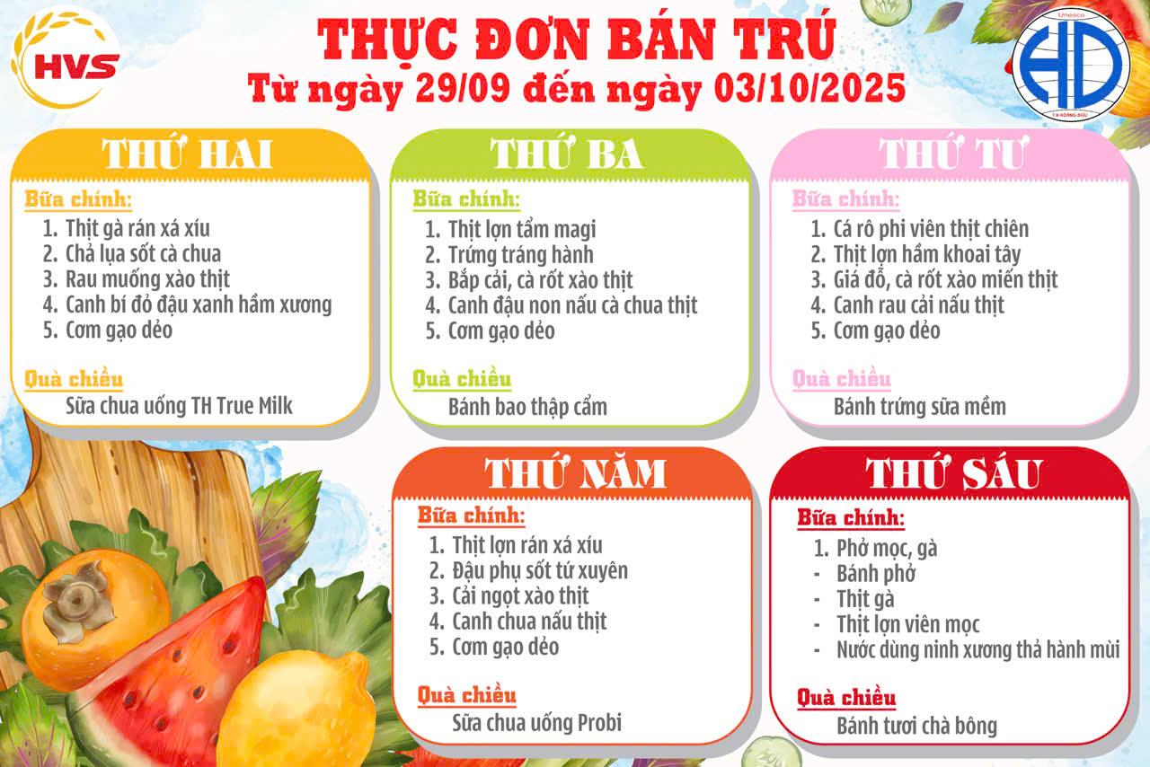 Thực đơn bán trú từ 29/9 đến 03/10/2025