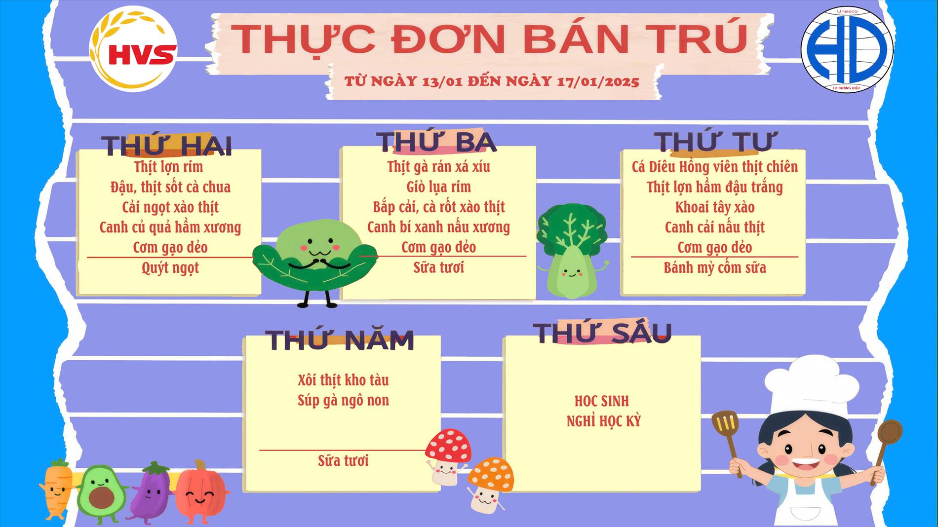 Thực đơn bán trú tuần từ 13  tháng 01 đến 17/01/2025