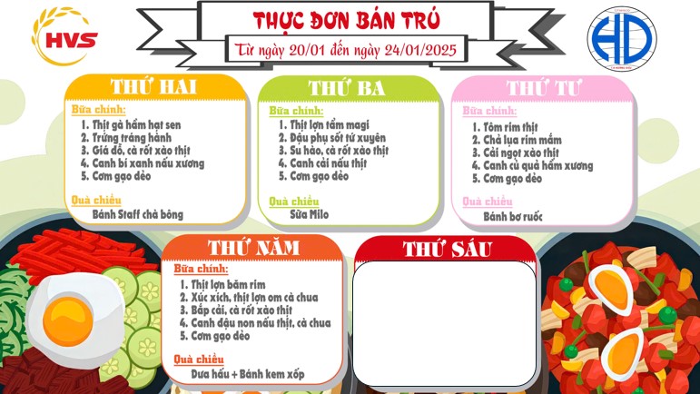 Thực đơn bán trú tuần từ 20  tháng 01 đến 24/01/2025