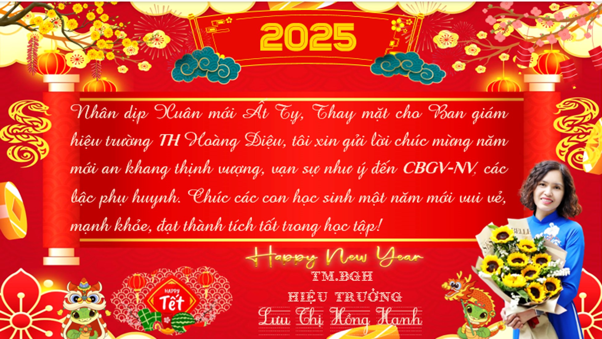 Ban giám hiệu trường TH hoàng Diệu gửi lời chúc tết đến CBGV - CNV và các bậc phụ huynh học sinh nhân dịp Xuân mới Ất Tỵ