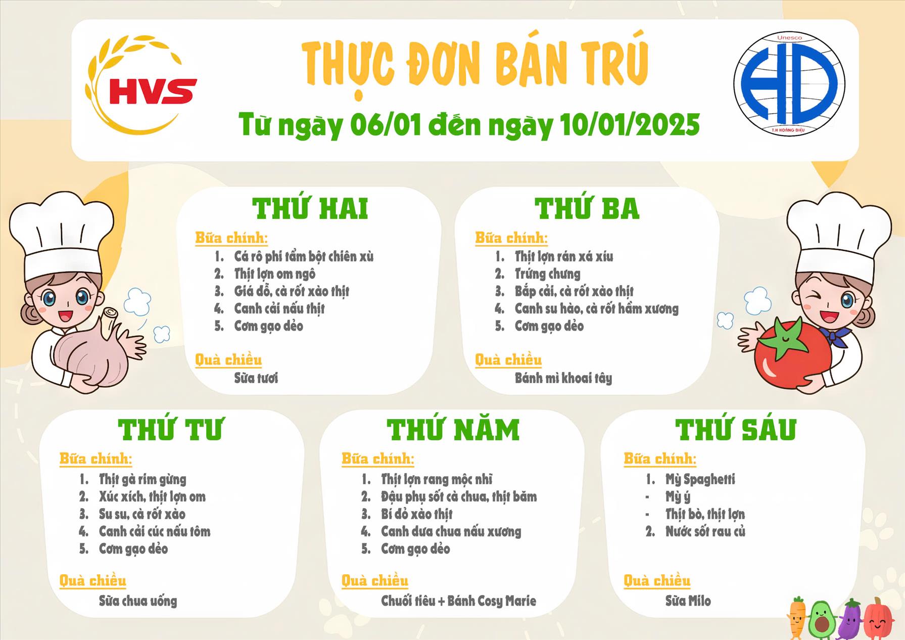 Thực đơn bán trú tuần từ 06 tháng 01 đến 10/01/2025