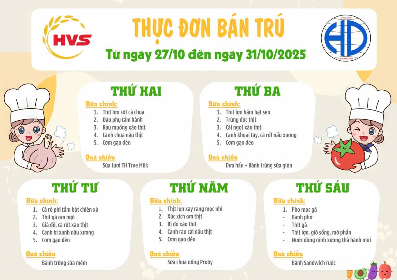 Thực đơn bán trú từ ngày 27/10 đến 31/10/2025
