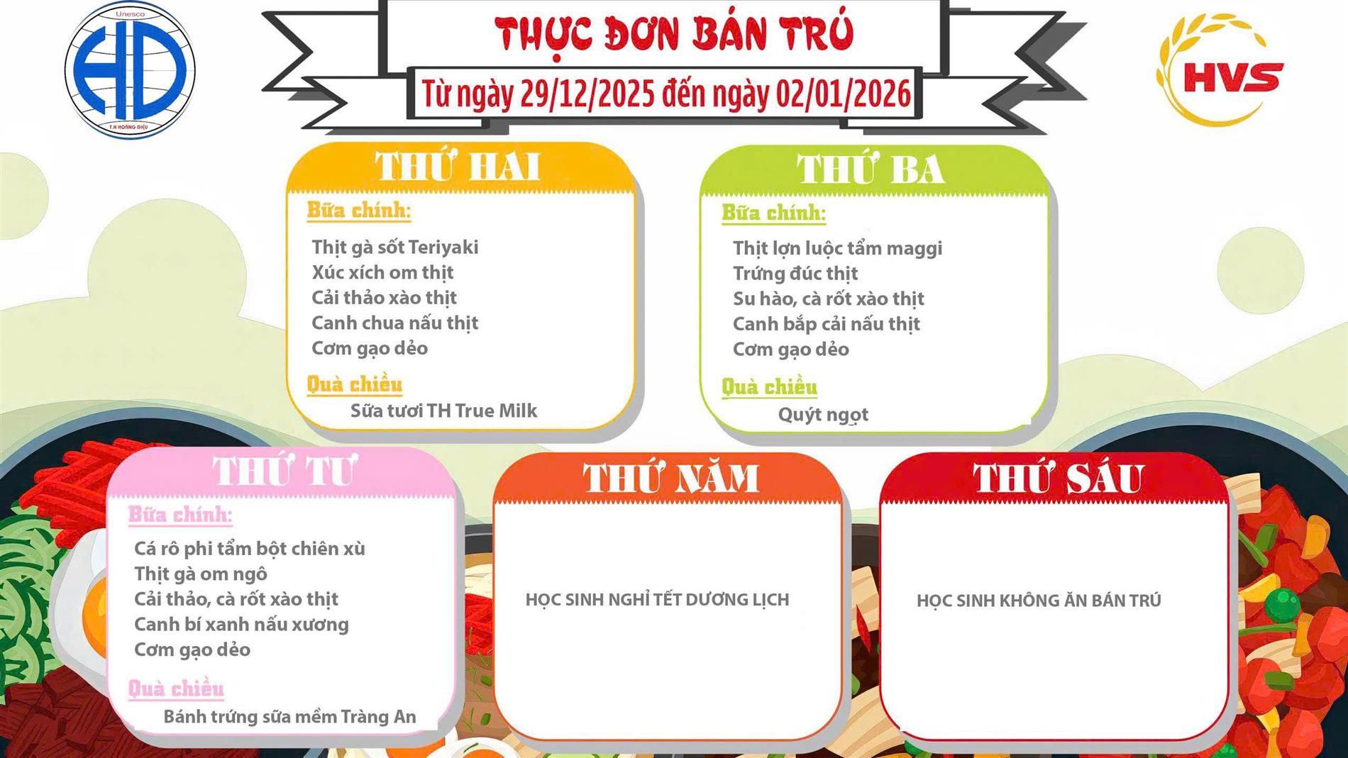 Thực đơn bán trú từ ngày 29 /12 đến 2/1/2026