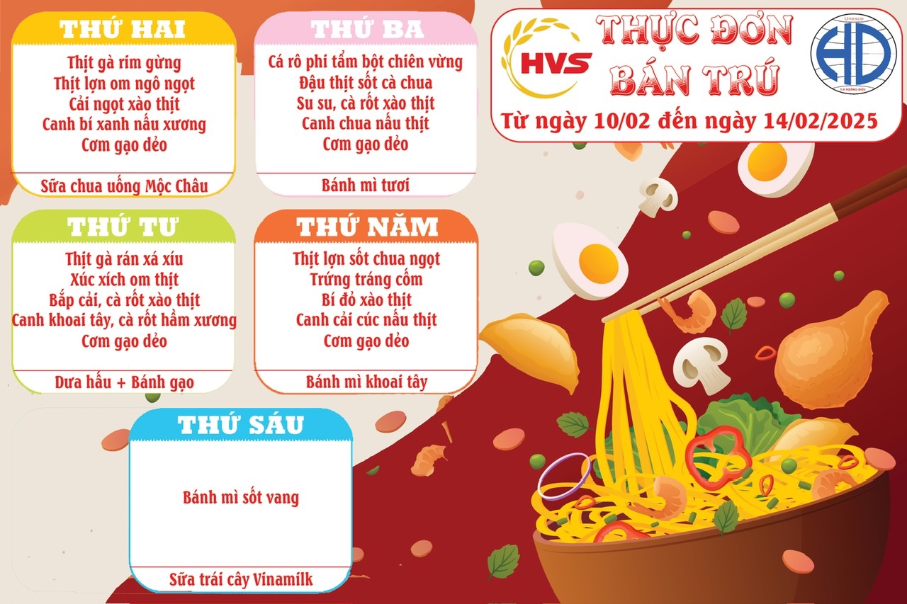 Thực đơn bán trú tuần từ 10 tháng 02 đến 14 /02/2025
