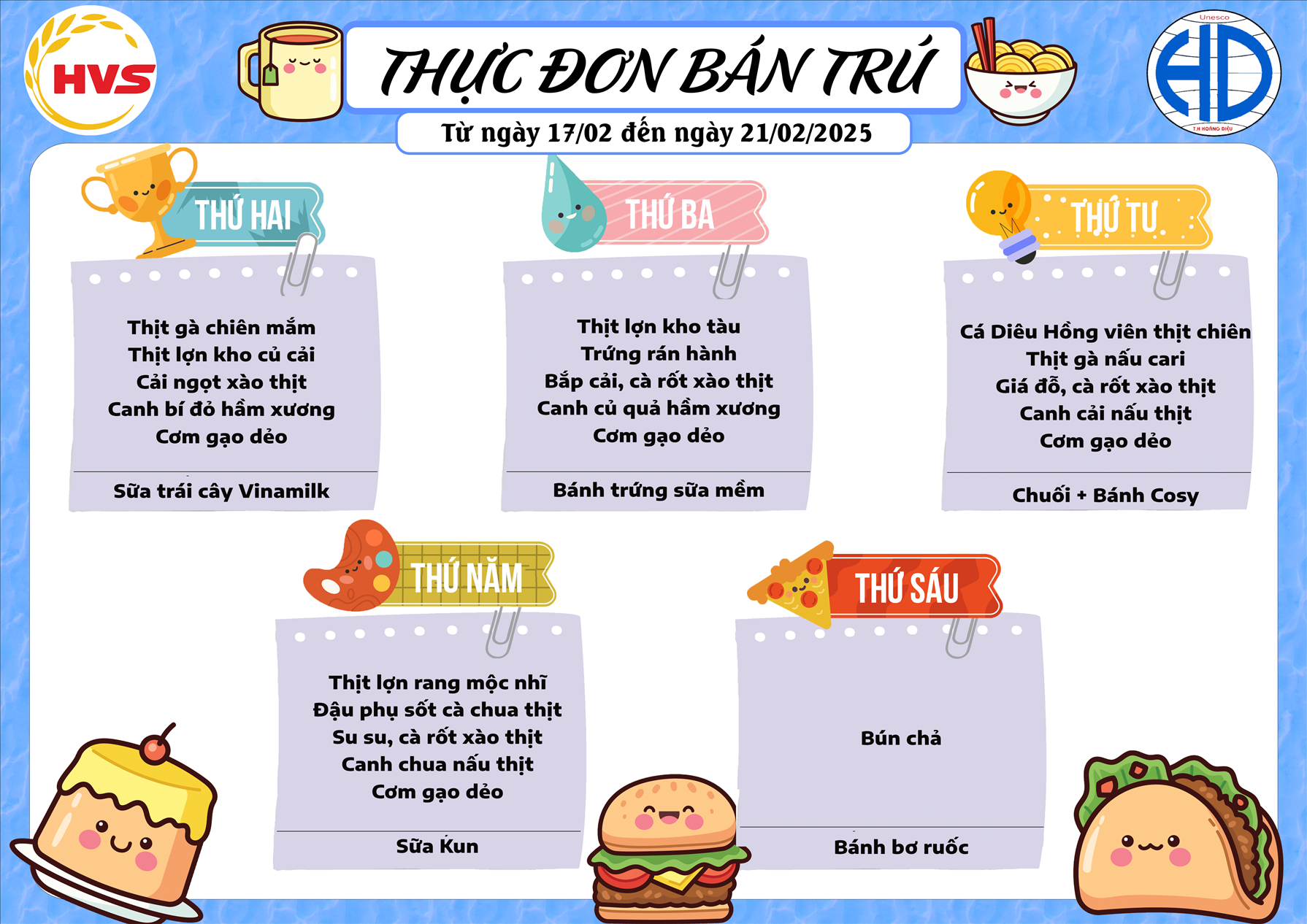 Thực đơn bán trú tuần từ 17 tháng 02 đến 21 /02/2025