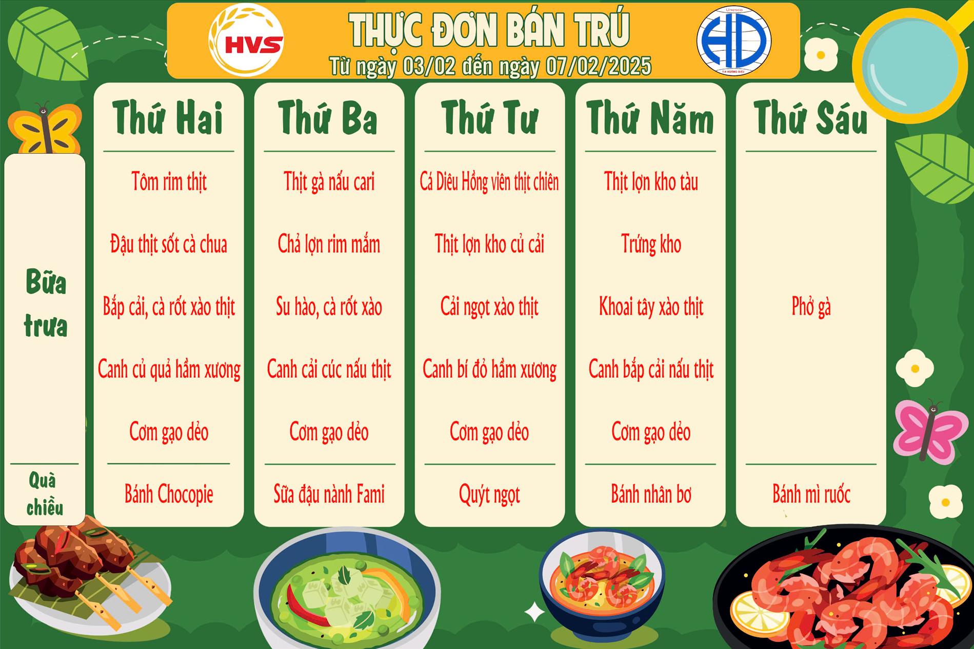 Thực đơn bán trú tuần từ 03 tháng 02 đến 07 /02/2025