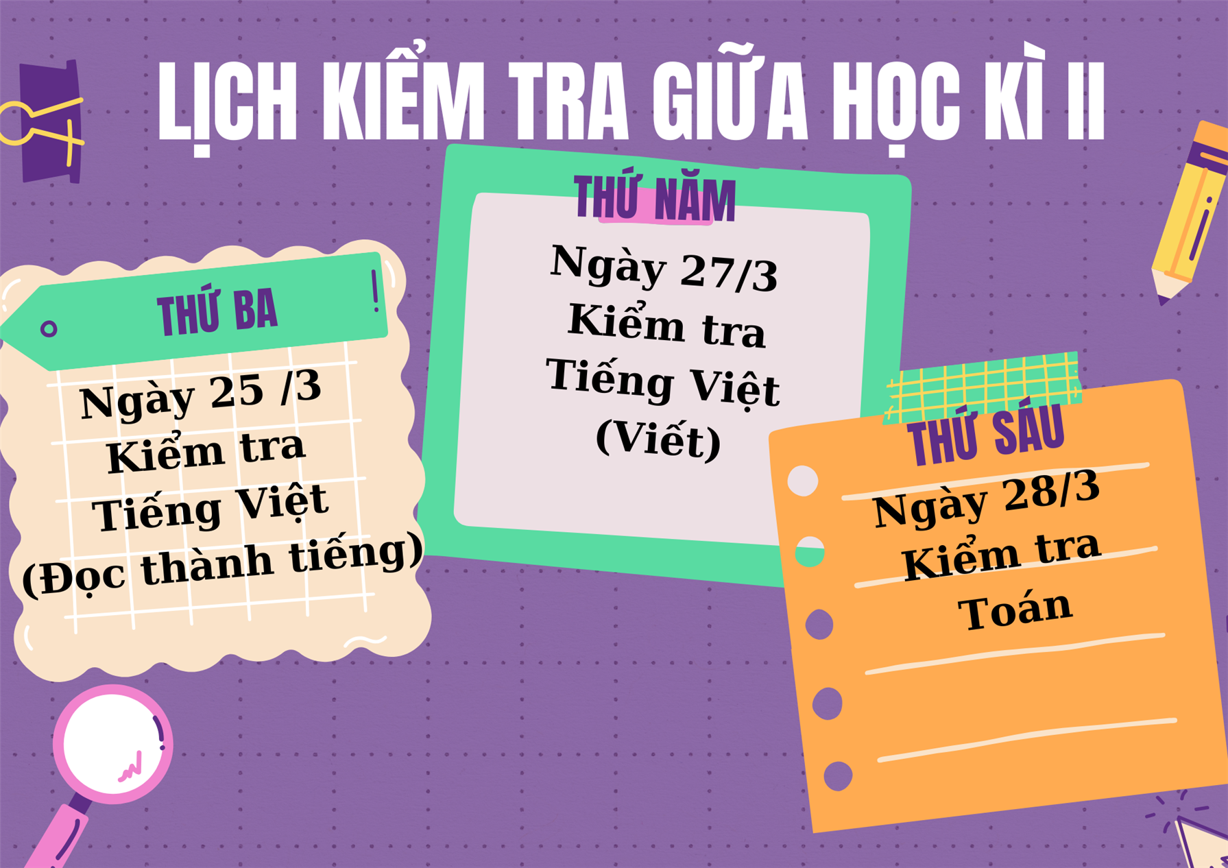 Khối 4 thông báo lịch kiểm tra định kì giữa học kì II