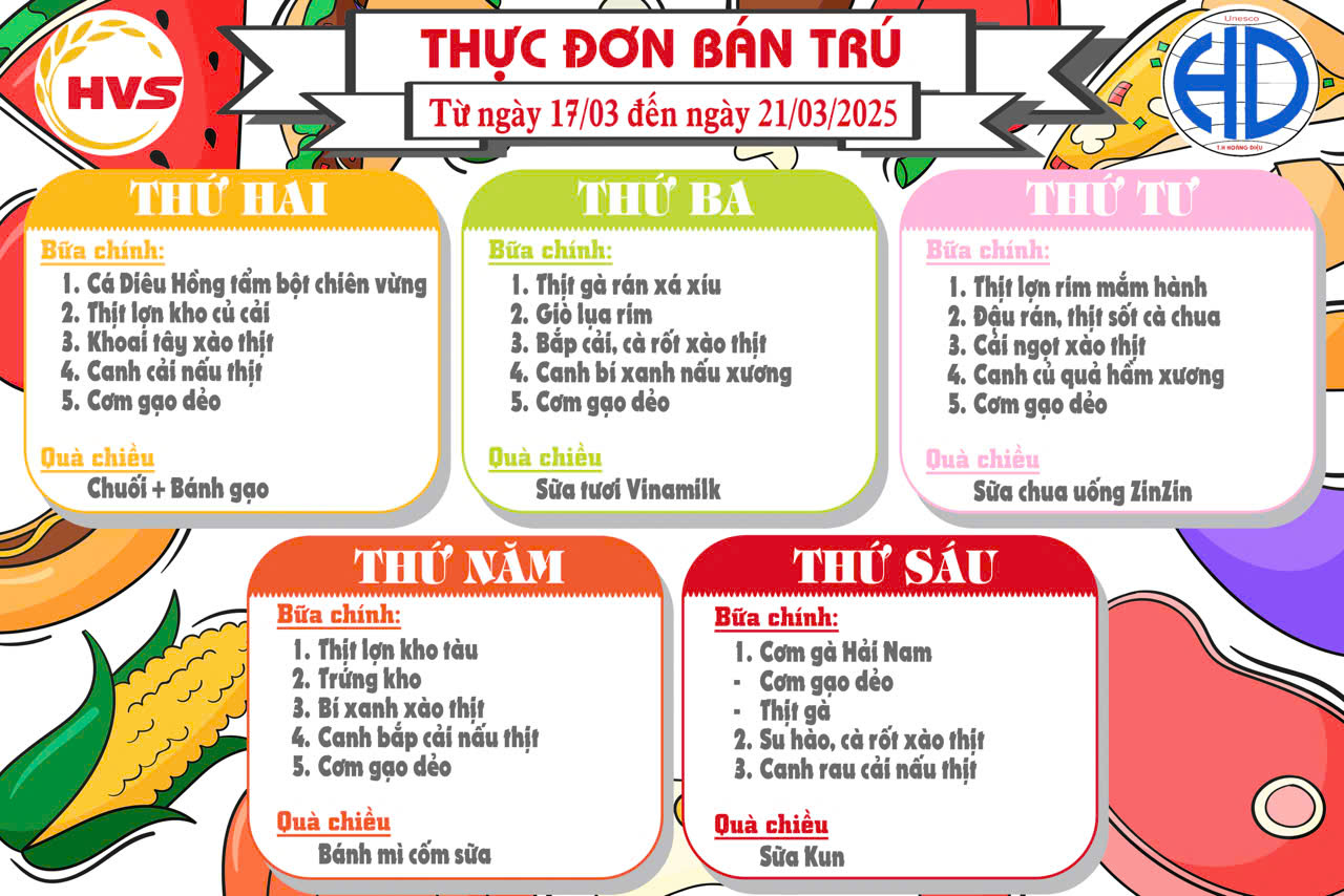 Thực đơn bán trú tuần từ 17 tháng 03 đến 21 /03/2025
