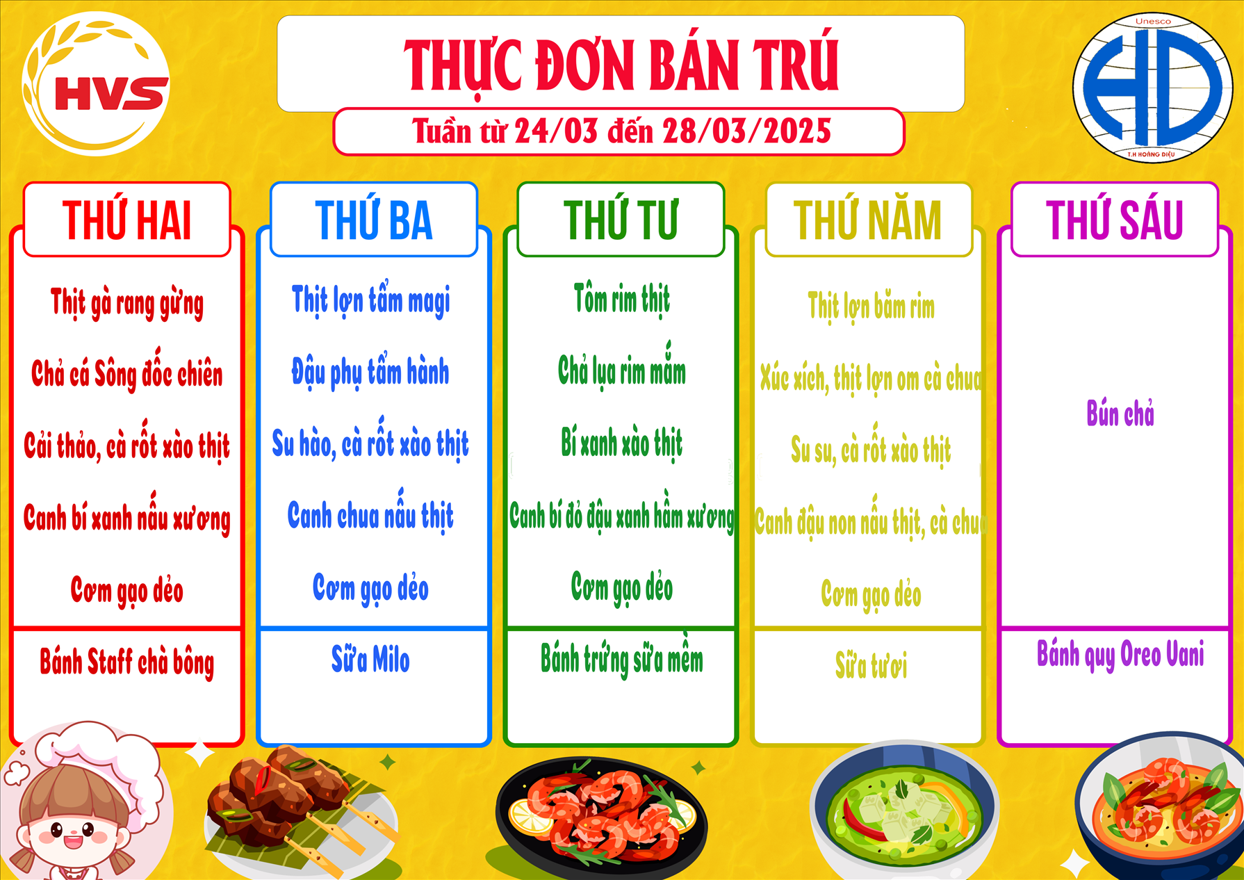 Thực đơn bán trú tuần từ 24 tháng 03 đến 28 /03/2025