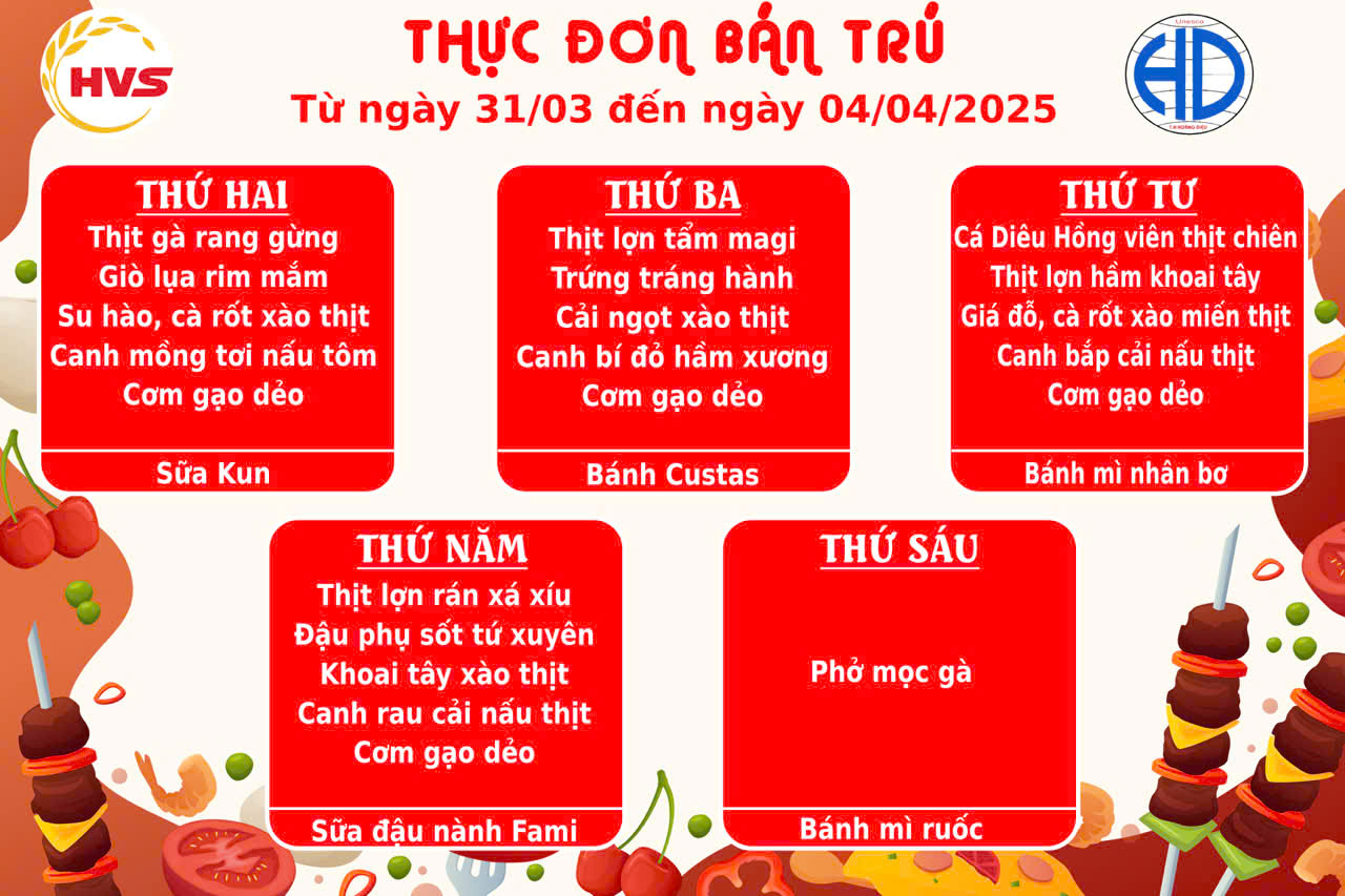 Thực đơn bán trú tuần từ 31 tháng 03 đến  04/04/2025