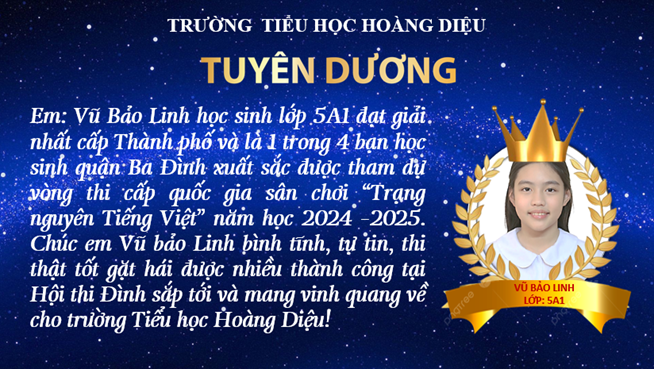 Chúc mừng học sinh Vũ Bảo Linh lớp 5A1 đạt thành tích xuất sắc, đại diện quận Ba Đình tham dự vòng thi cấp Quốc gia sân chơi “Trạng nguyên Tiếng Việt” năm học 2024–2025!