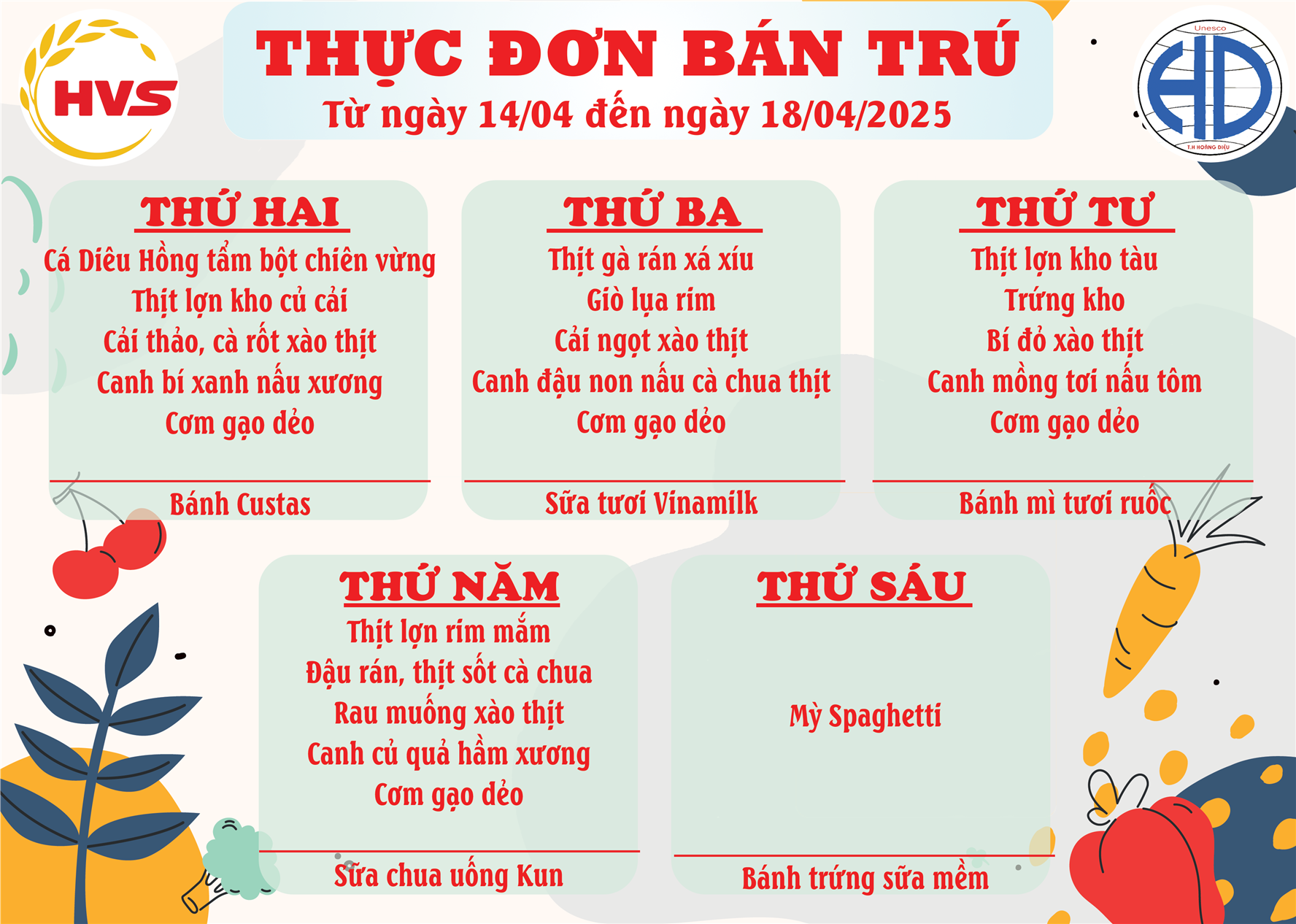 Thực đơn bán trú tuần từ 14 tháng 04 đến 18/04/2025