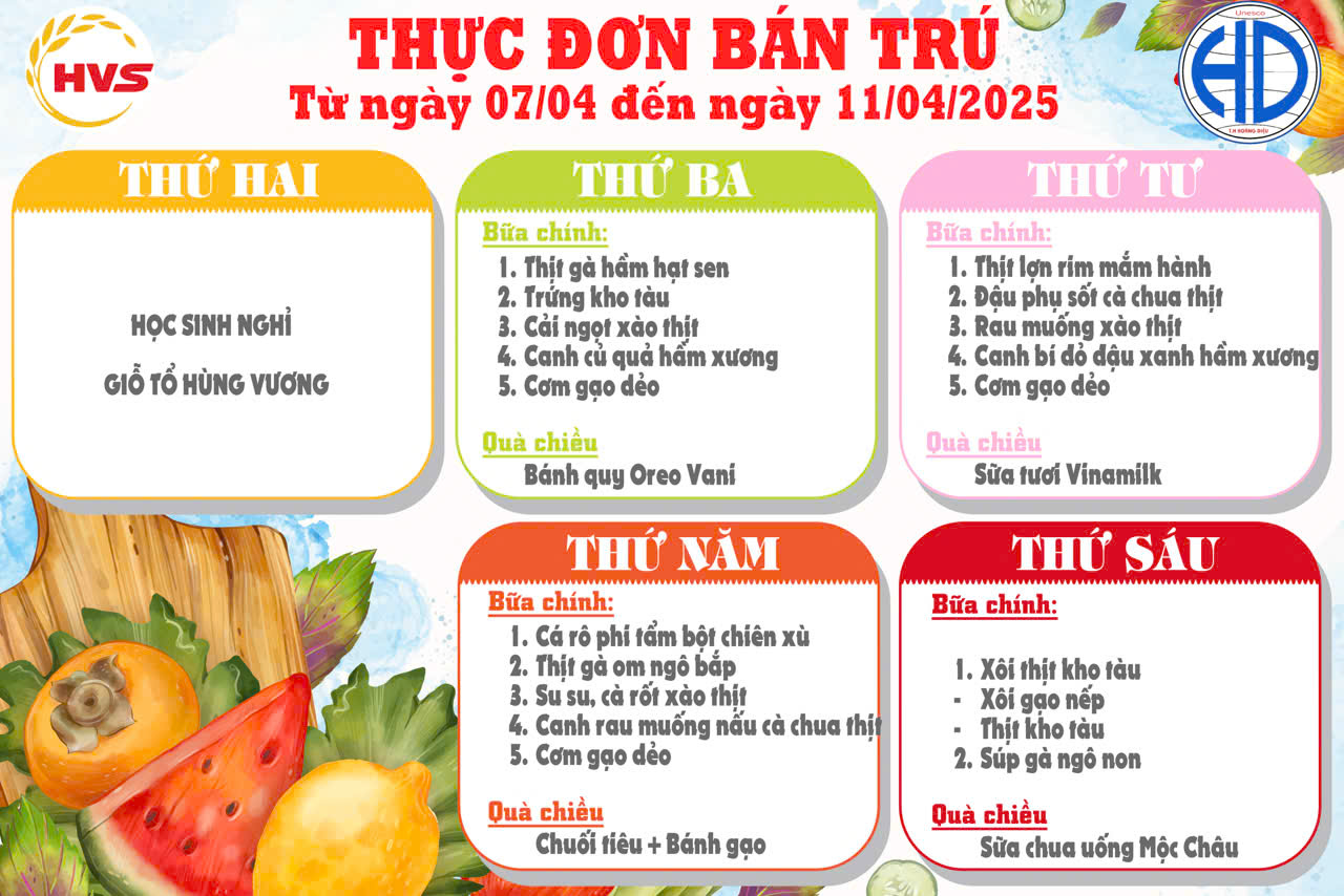 Thực đơn bán trú tuần từ 07 tháng 04 đến 11/04/2025