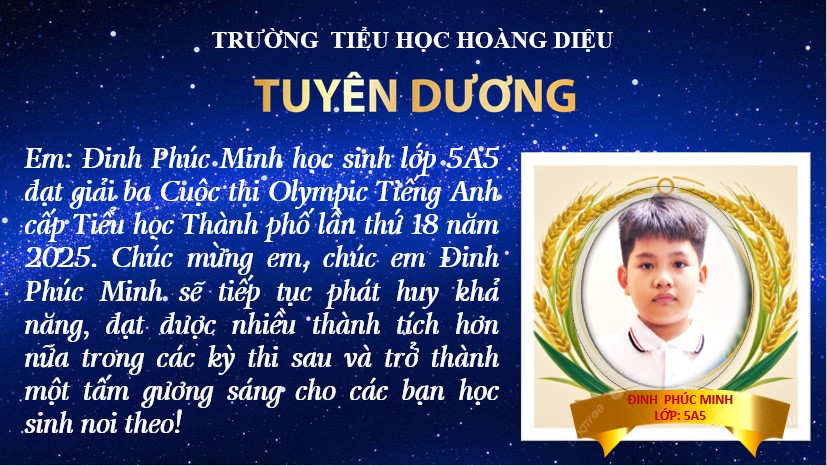 Tỏa sáng tài năng nhí: Đinh Phúc Minh – niềm tự hào của Trường Tiểu học Hoàng Diệu tại kỳ thi Olympic Tiếng Anh Thành phố Hà Nội