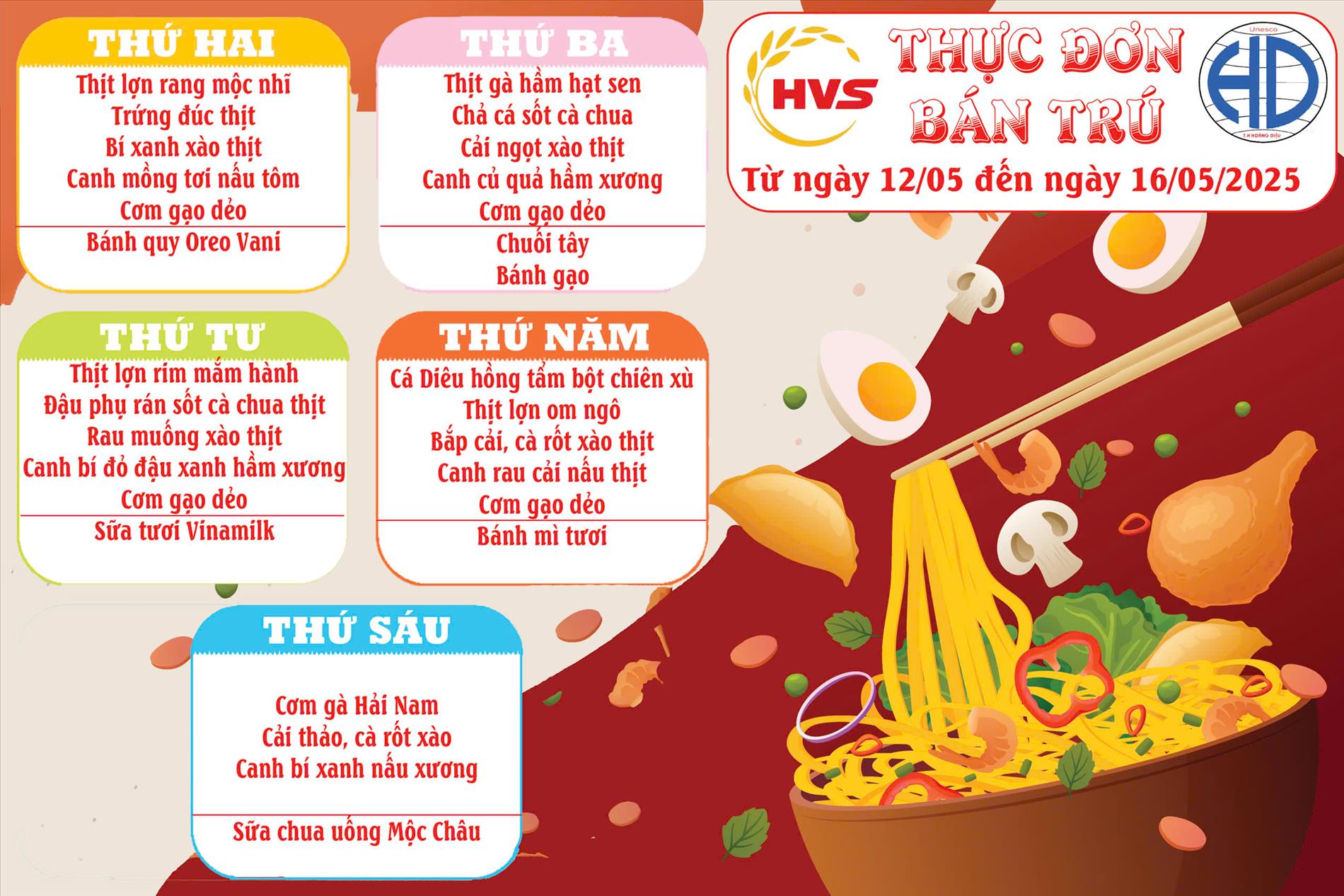 Thực đơn bán trú tuần từ 12 tháng 05 đến 16/05/2025