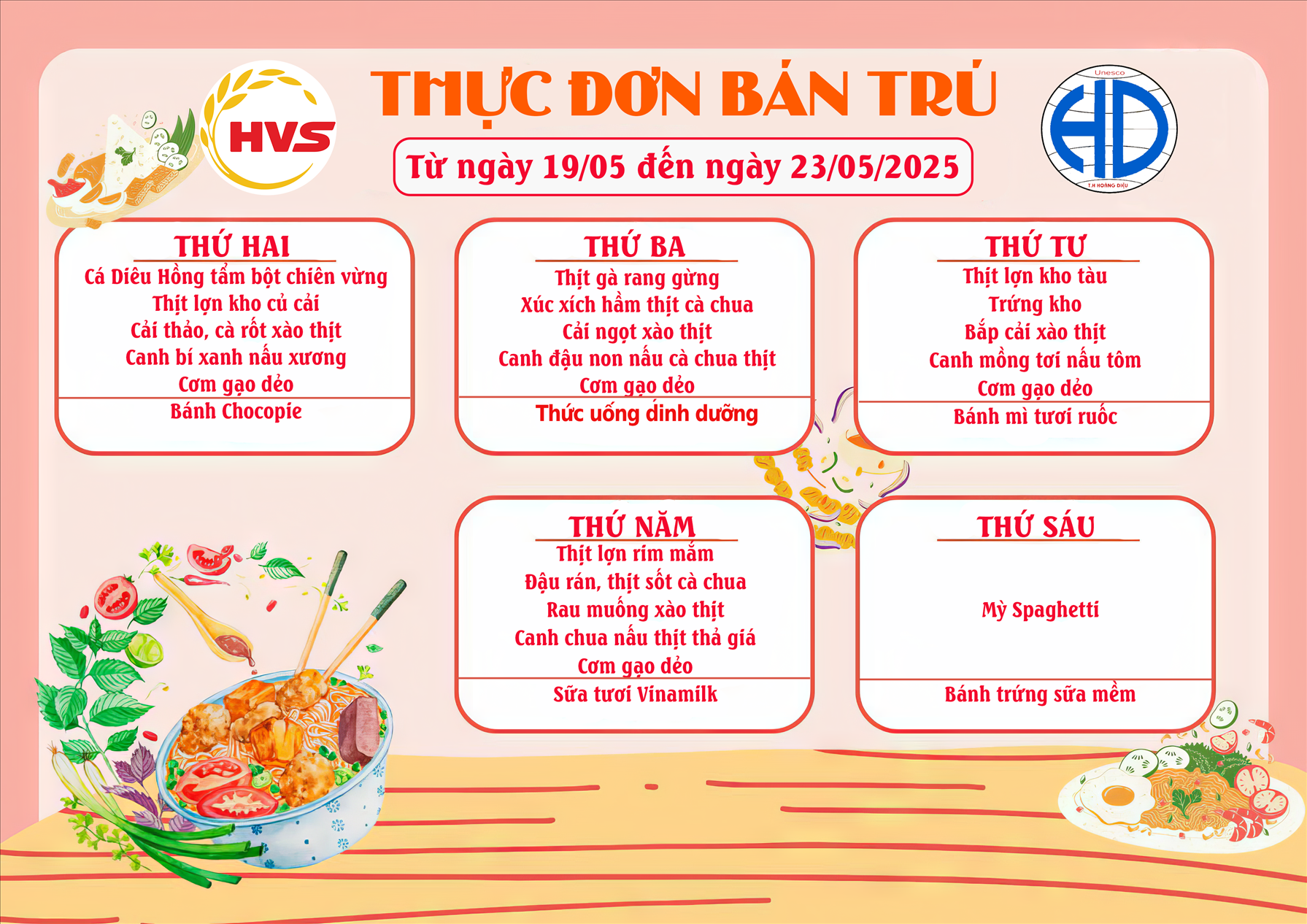 Thực đơn bán trú tuần từ 19 tháng 05 đến 23/05/2025
