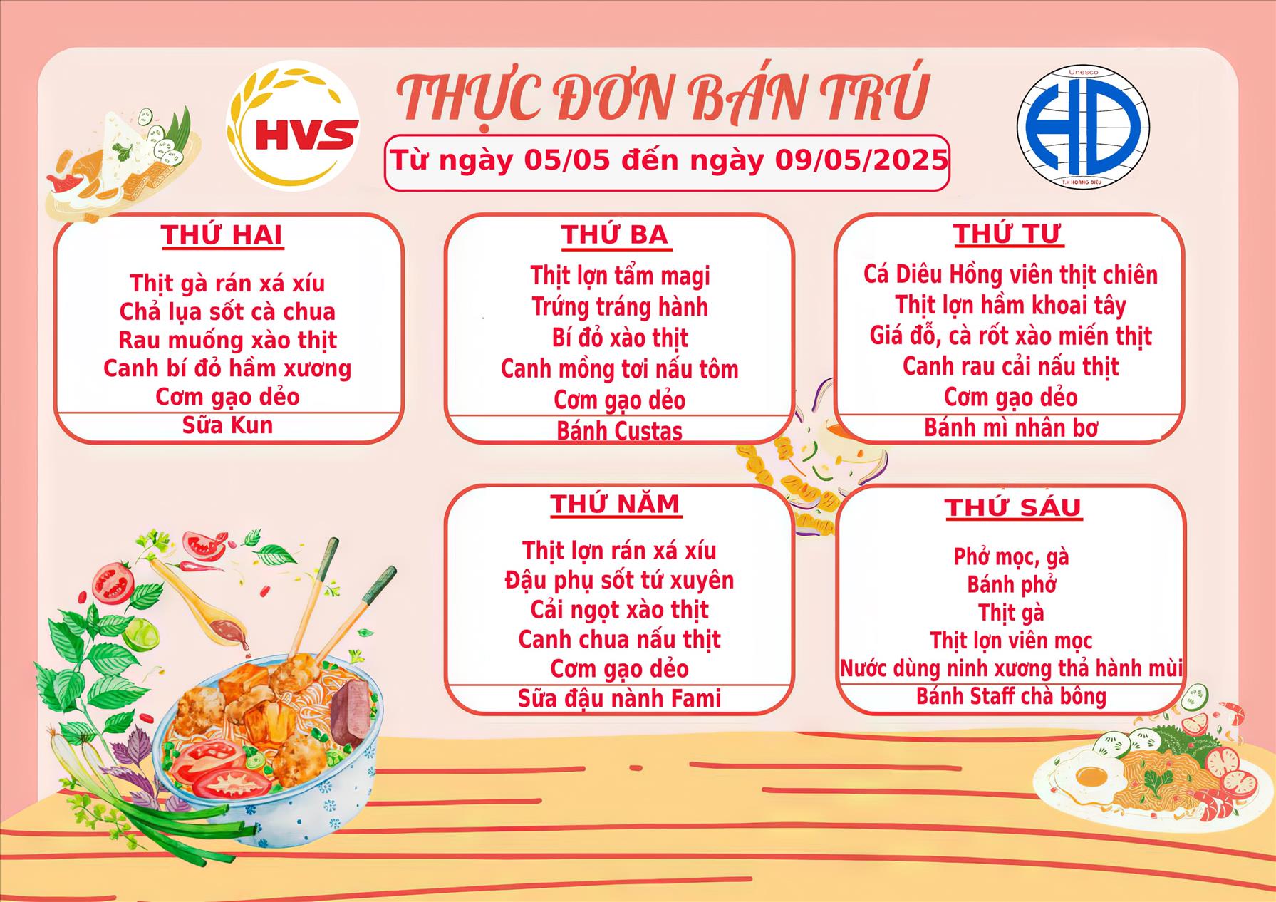 Thực đơn bán trú tuần từ 5  tháng 05 đến 09/05/2025