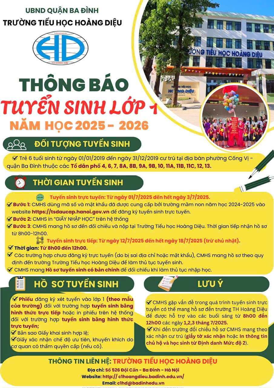 Trường Tiểu học Hoàng Diệu tuyển sinh lớp 1 năm học 2025 - 2026