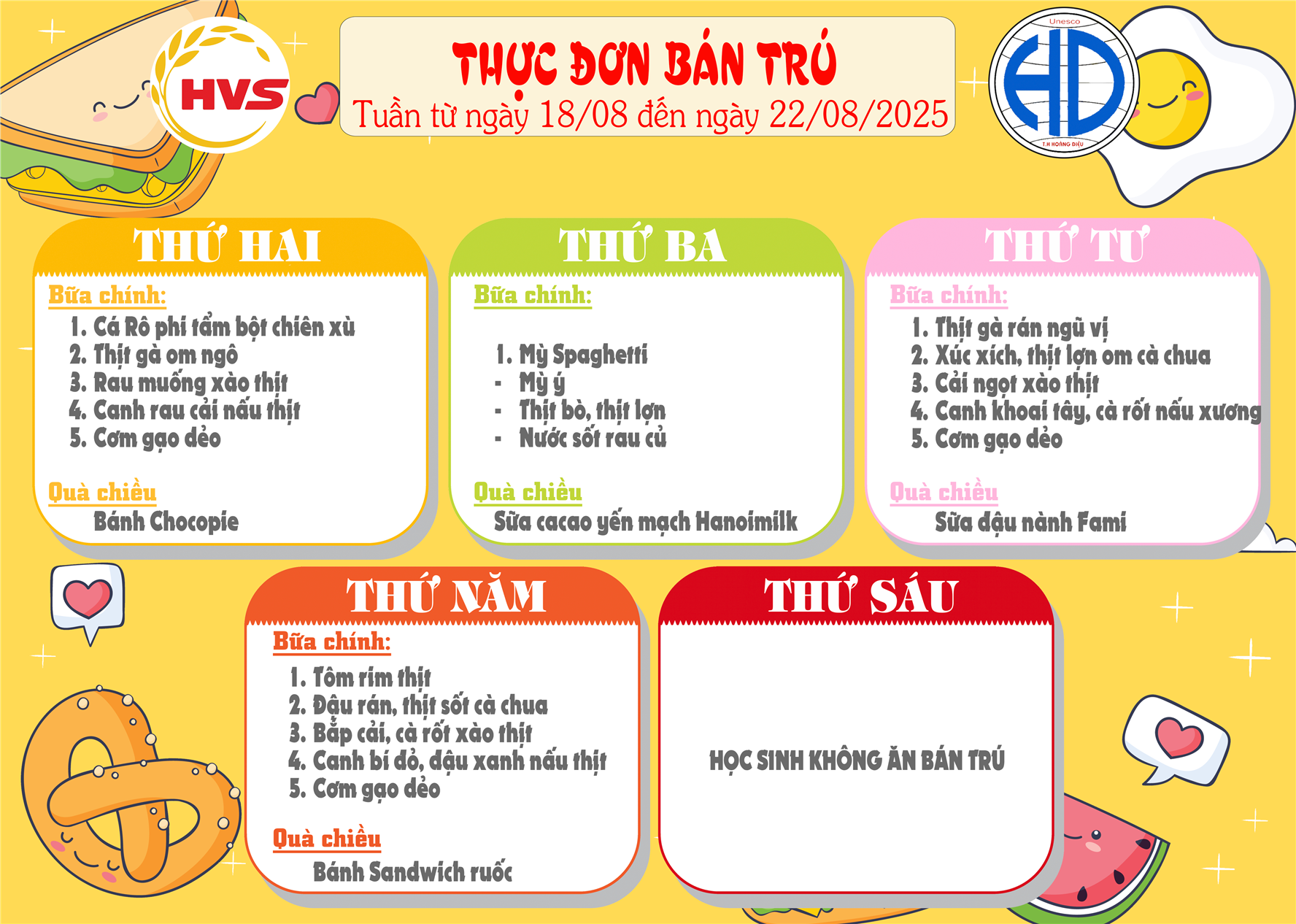 Thực đơn bán trú tuần từ 18 tháng 8 đến 22/08/2025
