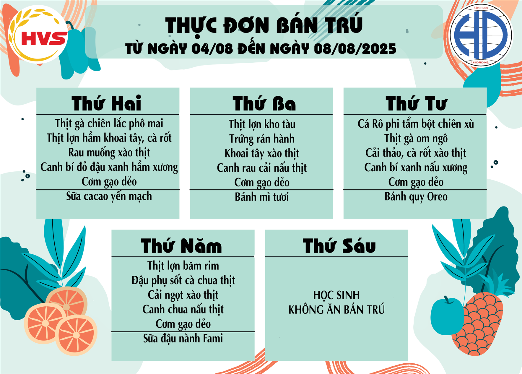 Thực đơn bán trú tuần từ 4 tháng 08 đến 8/08/2025