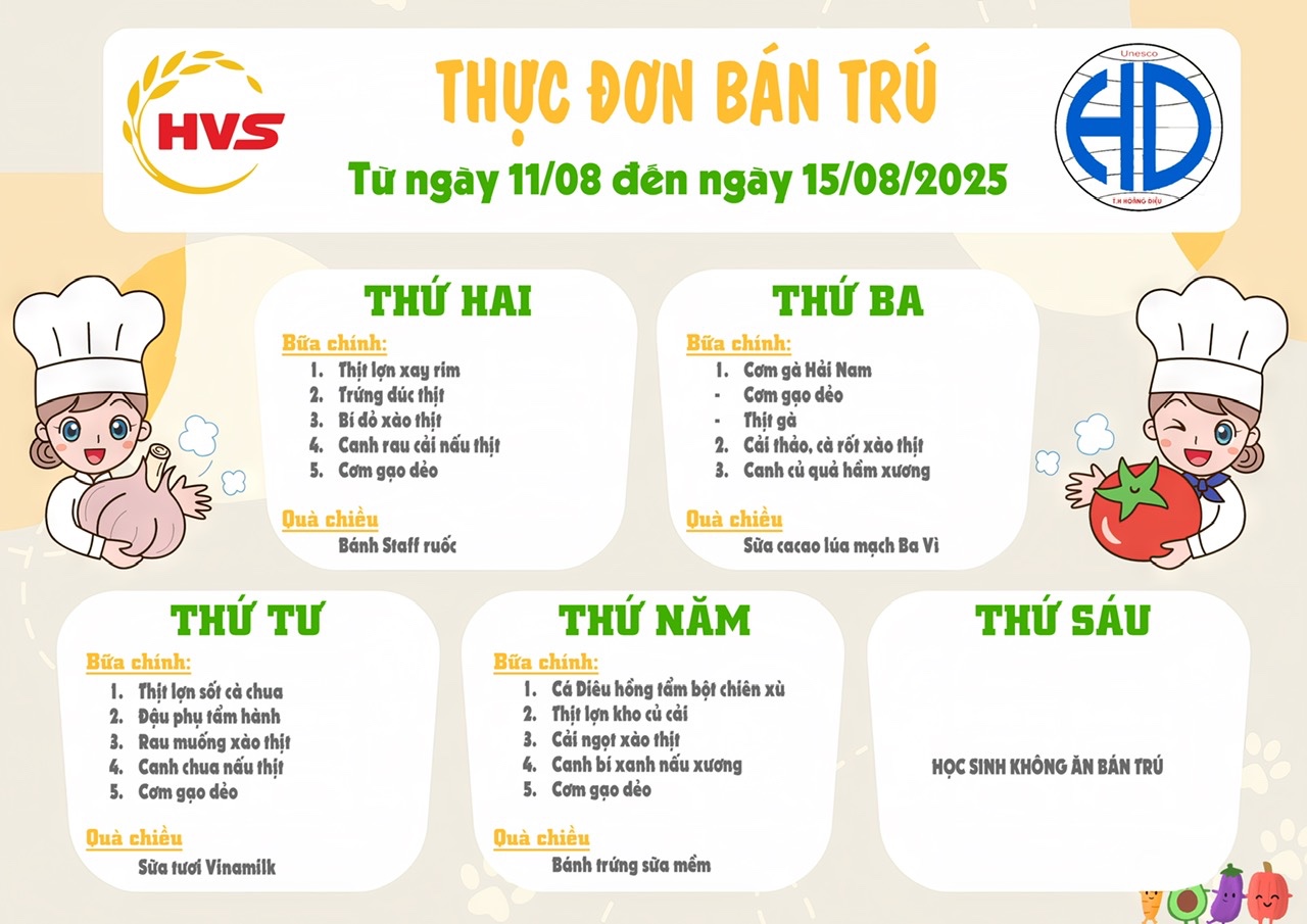 Thực đơn bán trú tuần từ 11 tháng 8 đến 15/08/2025
