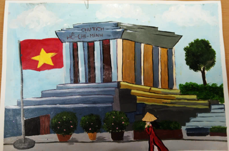 A painting of a building with a flag and a red flagDescription automatically generated