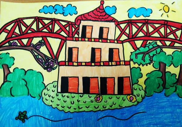 A drawing of a house and a bridgeDescription automatically generated