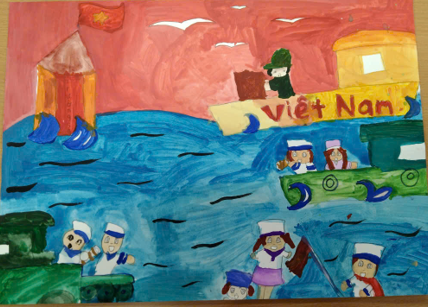 A child's drawing of a ship and peopleDescription automatically generated