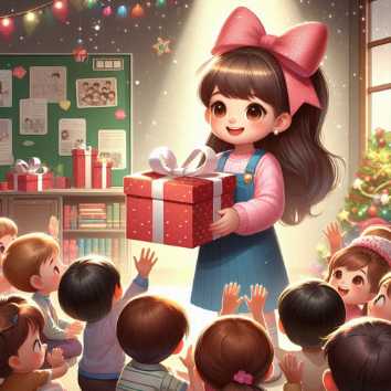 A cartoon of a child holding a gift box surrounded by kids

Description automatically generated