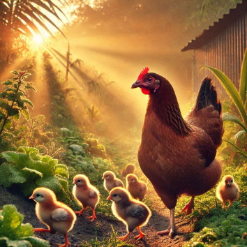 A hen and chicks in a garden

Description automatically generated