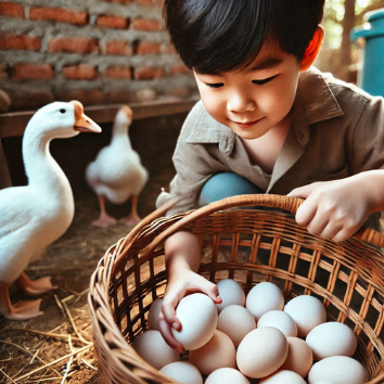 A child holding a basket of eggs

Description automatically generated