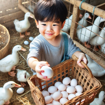 A child holding a basket of eggs

Description automatically generated